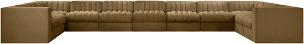 Meridian Furniture Rummi Channel Tufted Velvet Modular Sectional Eleven Piece Low Profile Living Room Sofa 660Saddle-Sec11A