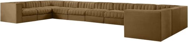 Meridian Furniture Rummi Channel Tufted Velvet Modular Sectional Eleven Piece Low Profile Living Room Sofa 660Saddle-Sec11A