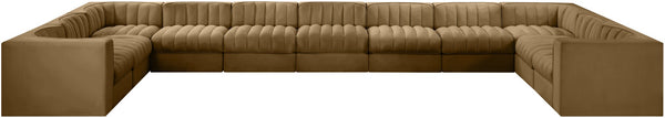 Meridian Furniture Rummi Channel Tufted Velvet Modular Sectional Eleven Piece Low Profile Living Room Sofa 660Saddle-Sec11A