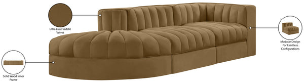 Meridian Furniture Rummi Channel Tufted Velvet Modular Sectional Sofa with Solid Wood Frame for Modern Living Saddle 660Saddle-Sec3A