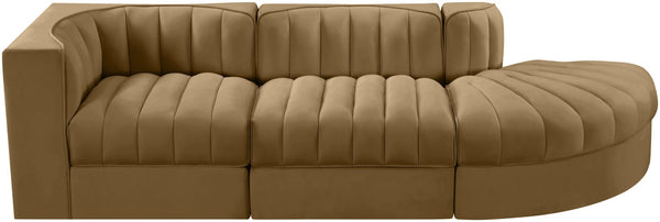 Meridian Furniture Rummi Channel Tufted Velvet Modular Sectional Sofa with Solid Wood Frame for Modern Living Saddle 660Saddle-Sec3A