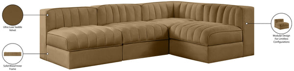 Meridian Furniture Rummi Channel Tufted Velvet Modular Sectional Sofa for Open Concept Living Rooms 660Saddle-Sec4A