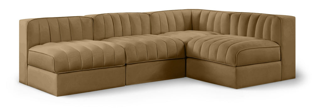 Meridian Furniture Rummi Channel Tufted Velvet Modular Sectional Sofa for Open Concept Living Rooms 660Saddle-Sec4A