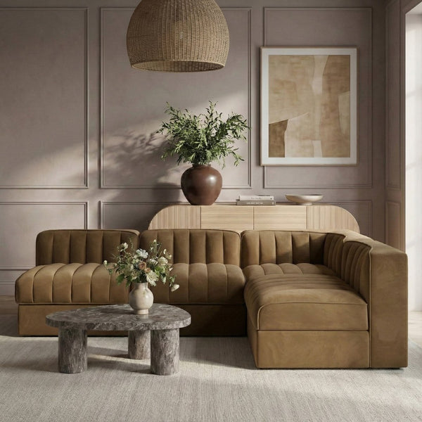 Meridian Furniture Rummi Channel Tufted Velvet Modular Sectional Sofa for Open Concept Living Rooms 660Saddle-Sec4A