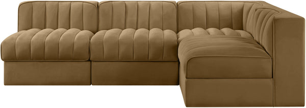 Meridian Furniture Rummi Channel Tufted Velvet Modular Sectional Sofa for Open Concept Living Rooms 660Saddle-Sec4A
