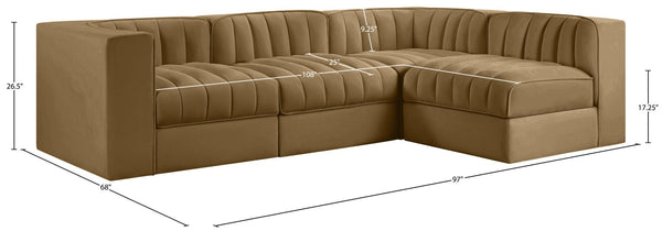 Meridian Furniture Rummi Four Piece Modular Sectional Saddle Velvet Channel Tufted Low Profile Sofa 660Saddle-Sec4B