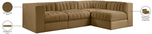 Meridian Furniture Rummi Four Piece Modular Sectional Saddle Velvet Channel Tufted Low Profile Sofa 660Saddle-Sec4B