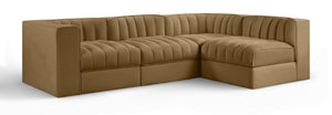 Meridian Furniture Rummi Four Piece Modular Sectional Saddle Velvet Channel Tufted Low Profile Sofa 660Saddle-Sec4B