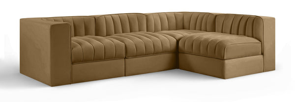 Meridian Furniture Rummi Four Piece Modular Sectional Saddle Velvet Channel Tufted Low Profile Sofa 660Saddle-Sec4B