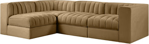 Meridian Furniture Rummi Four Piece Modular Sectional Saddle Velvet Channel Tufted Low Profile Sofa 660Saddle-Sec4B