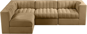 Meridian Furniture Rummi Four Piece Modular Sectional Saddle Velvet Channel Tufted Low Profile Sofa 660Saddle-Sec4B