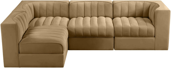 Meridian Furniture Rummi Four Piece Modular Sectional Saddle Velvet Channel Tufted Low Profile Sofa 660Saddle-Sec4B
