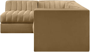 Meridian Furniture Rummi Four Piece Modular Sectional Saddle Velvet Channel Tufted Low Profile Sofa 660Saddle-Sec4B