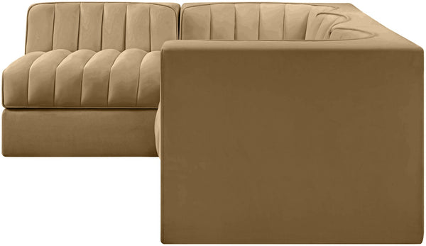 Meridian Furniture Rummi Four Piece Modular Sectional Saddle Velvet Channel Tufted Low Profile Sofa 660Saddle-Sec4B