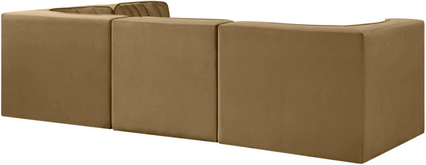 Meridian Furniture Rummi Four Piece Modular Sectional Saddle Velvet Channel Tufted Low Profile Sofa 660Saddle-Sec4B