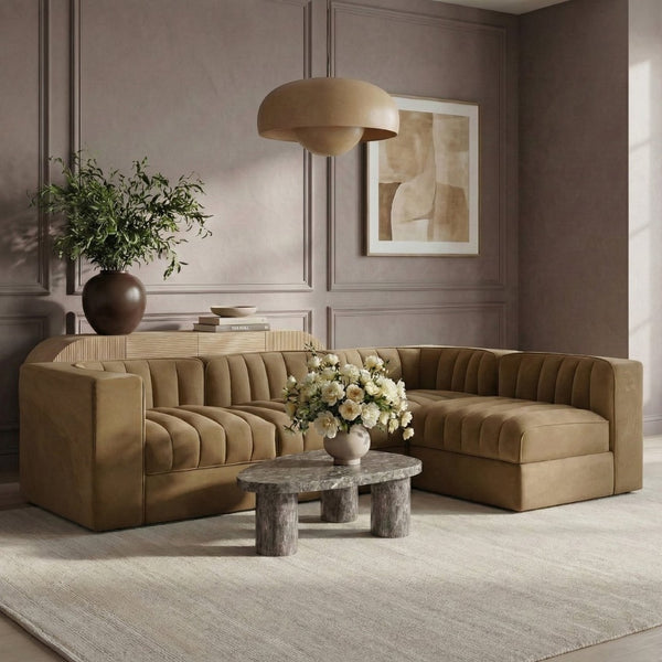 Meridian Furniture Rummi Four Piece Modular Sectional Saddle Velvet Channel Tufted Low Profile Sofa 660Saddle-Sec4B