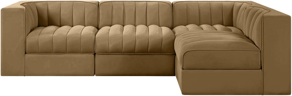 Meridian Furniture Rummi Four Piece Modular Sectional Saddle Velvet Channel Tufted Low Profile Sofa 660Saddle-Sec4B