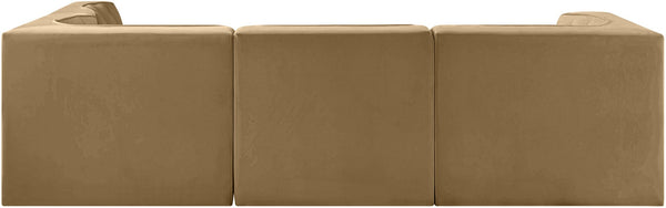 Meridian Furniture Rummi Four Piece Modular Sectional Saddle Velvet Channel Tufted Low Profile Sofa 660Saddle-Sec4B