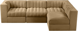 Meridian Furniture Rummi Four Piece Modular Sectional Saddle Velvet Channel Tufted Low Profile Sofa 660Saddle-Sec4B
