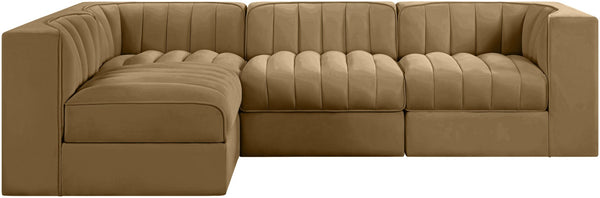 Meridian Furniture Rummi Four Piece Modular Sectional Saddle Velvet Channel Tufted Low Profile Sofa 660Saddle-Sec4B