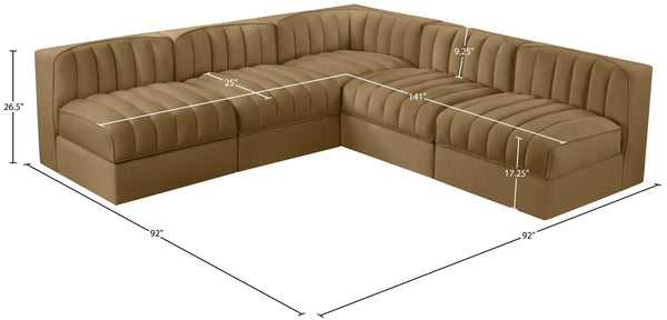 Meridian Furniture Rummi Five Piece Modular Sectional Channel Tufted Saddle Velvet Contemporary Living 660Saddle-Sec5A