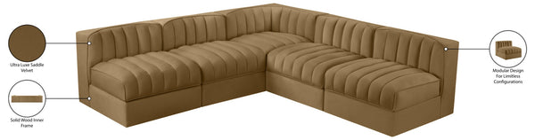 Meridian Furniture Rummi Five Piece Modular Sectional Channel Tufted Saddle Velvet Contemporary Living 660Saddle-Sec5A