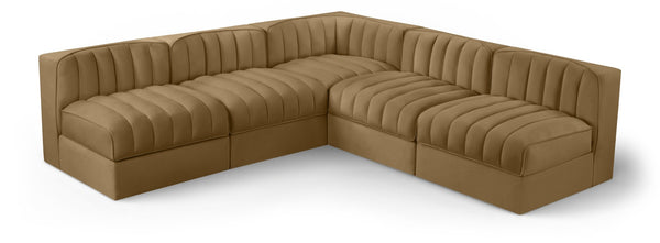 Meridian Furniture Rummi Five Piece Modular Sectional Channel Tufted Saddle Velvet Contemporary Living 660Saddle-Sec5A