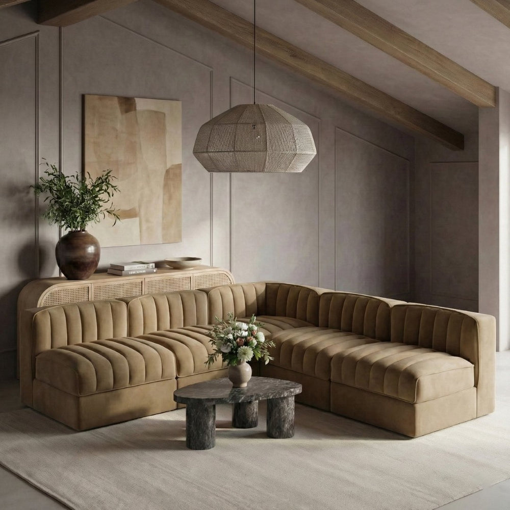 Meridian Furniture Rummi Five Piece Modular Sectional Channel Tufted Saddle Velvet Contemporary Living 660Saddle-Sec5A