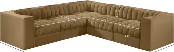 Meridian Furniture Rummi Five Piece Modular Sectional Velvet Performance Fabric Channel Tufted Sofa 660Saddle-Sec5B