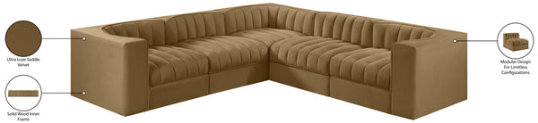 Meridian Furniture Rummi Five Piece Modular Sectional Velvet Performance Fabric Channel Tufted Sofa 660Saddle-Sec5B