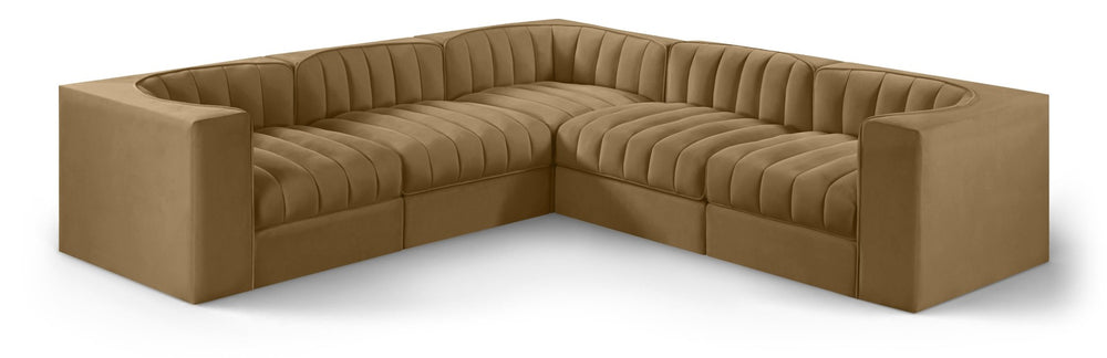 Meridian Furniture Rummi Five Piece Modular Sectional Velvet Performance Fabric Channel Tufted Sofa 660Saddle-Sec5B