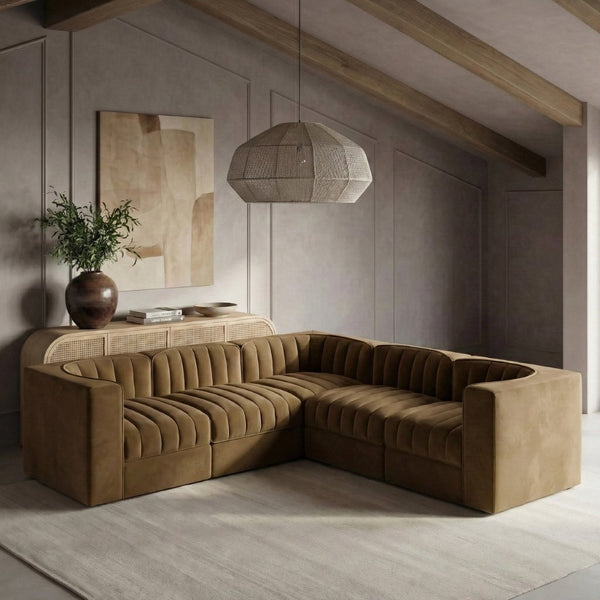 Meridian Furniture Rummi Five Piece Modular Sectional Velvet Performance Fabric Channel Tufted Sofa 660Saddle-Sec5B