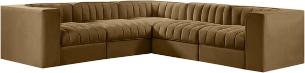 Meridian Furniture Rummi Five Piece Modular Sectional Velvet Performance Fabric Channel Tufted Sofa 660Saddle-Sec5B