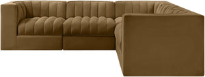 Meridian Furniture Rummi Five Piece Modular Sectional Velvet Performance Fabric Channel Tufted Sofa 660Saddle-Sec5B