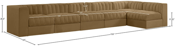 Meridian Furniture Rummi Six Piece Modular Sectional Saddle Velvet Channel Tufted Stain Resistant Sofa 660Saddle-Sec6E