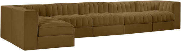 Meridian Furniture Rummi Six Piece Modular Sectional Saddle Velvet Channel Tufted Stain Resistant Sofa 660Saddle-Sec6E
