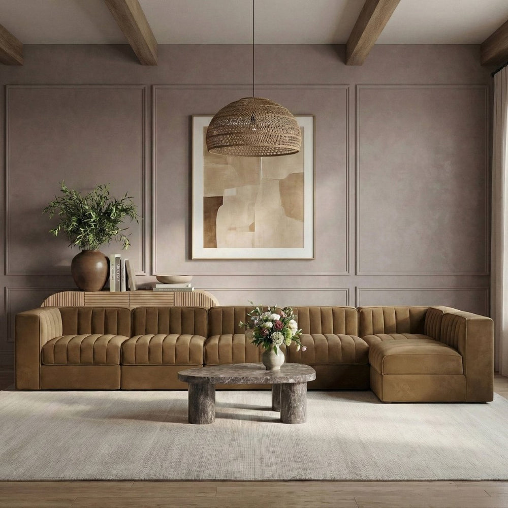 Meridian Furniture Rummi Six Piece Modular Sectional Saddle Velvet Channel Tufted Stain Resistant Sofa 660Saddle-Sec6E