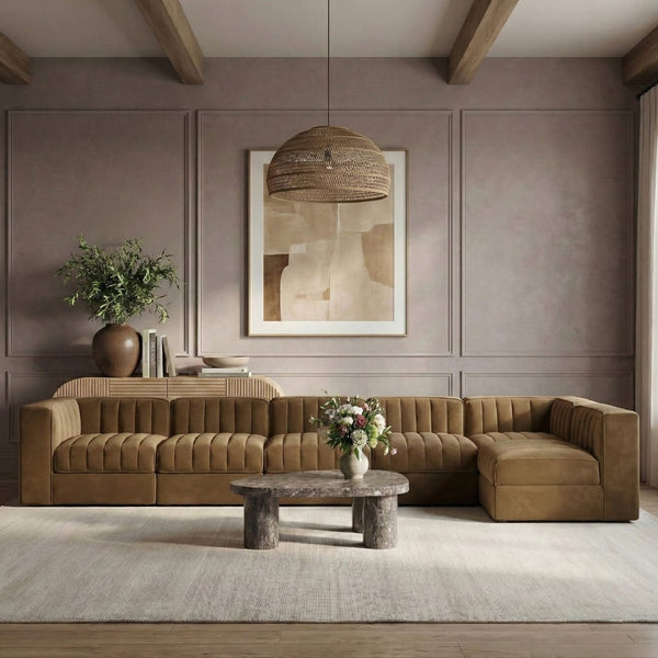 Meridian Furniture Rummi Six Piece Modular Sectional Saddle Velvet Channel Tufted Stain Resistant Sofa 660Saddle-Sec6E