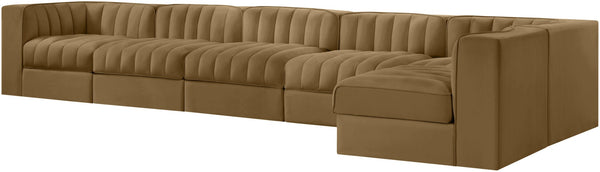 Meridian Furniture Rummi Six Piece Modular Sectional Saddle Velvet Channel Tufted Stain Resistant Sofa 660Saddle-Sec6E