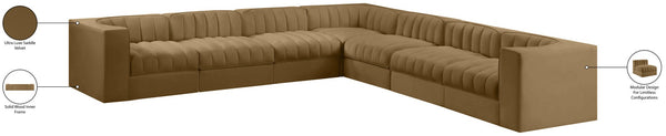 Meridian Furniture Rummi Seven Piece Modular Sectional Saddle Velvet Channel Tufted Living Room Sofa 660Saddle-Sec7A