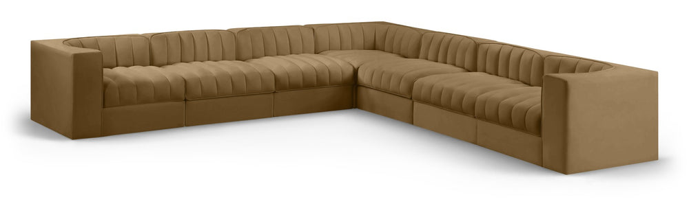 Meridian Furniture Rummi Seven Piece Modular Sectional Saddle Velvet Channel Tufted Living Room Sofa 660Saddle-Sec7A