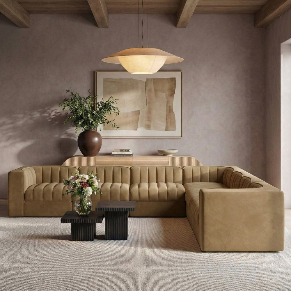 Meridian Furniture Rummi Seven Piece Modular Sectional Saddle Velvet Channel Tufted Living Room Sofa 660Saddle-Sec7A