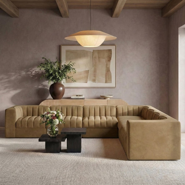 Meridian Furniture Rummi Seven Piece Modular Sectional Saddle Velvet Channel Tufted Living Room Sofa 660Saddle-Sec7A