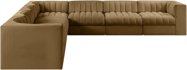Meridian Furniture Rummi Seven Piece Modular Sectional Saddle Velvet Channel Tufted Living Room Sofa 660Saddle-Sec7A