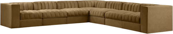Meridian Furniture Rummi Seven Piece Modular Sectional Saddle Velvet Channel Tufted Living Room Sofa 660Saddle-Sec7A