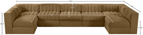 Meridian Furniture Rummi Seven Piece Modular Sectional Channel Tufted Velvet Performance Fabric Seating 660Saddle-Sec7B