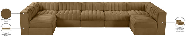 Meridian Furniture Rummi Seven Piece Modular Sectional Channel Tufted Velvet Performance Fabric Seating 660Saddle-Sec7B