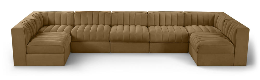 Meridian Furniture Rummi Seven Piece Modular Sectional Channel Tufted Velvet Performance Fabric Seating 660Saddle-Sec7B