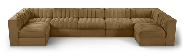 Meridian Furniture Rummi Seven Piece Modular Sectional Channel Tufted Velvet Performance Fabric Seating 660Saddle-Sec7B