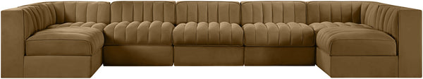 Meridian Furniture Rummi Seven Piece Modular Sectional Channel Tufted Velvet Performance Fabric Seating 660Saddle-Sec7B